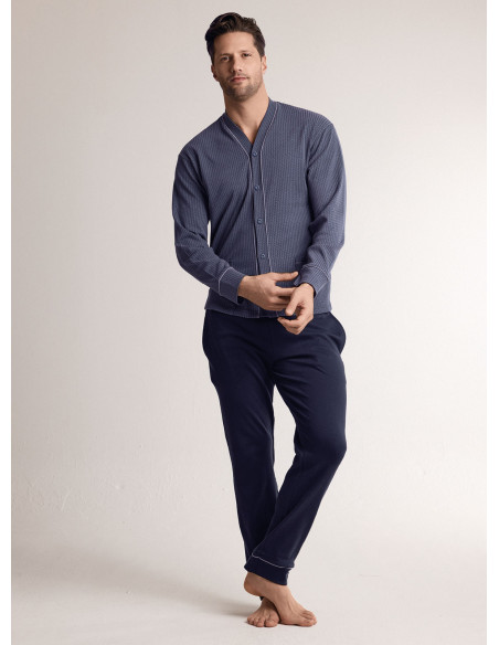 Pigiama in interlock di cotone con maglia aperta a maniche lunghe e pantalone lungo dritto