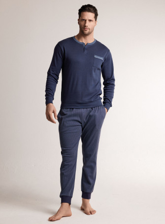 Pigiama in interlock di cotone con maglia serafino a maniche lunghe e pantalone lungo con polsi 2