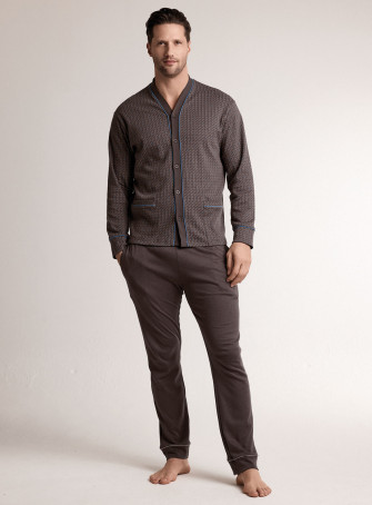 Pigiama in interlock di cotone con maglia aperta a maniche lunghe e pantalone lungo dritto