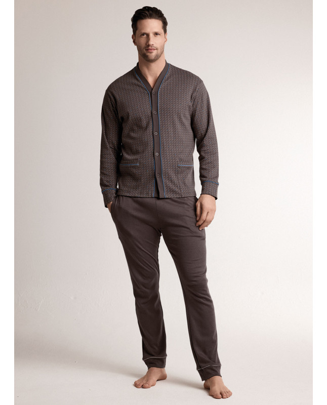 Pigiama in interlock di cotone con maglia aperta a maniche lunghe e pantalone lungo dritto