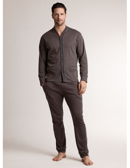 Pigiama in interlock di cotone con maglia aperta a maniche lunghe e pantalone lungo dritto