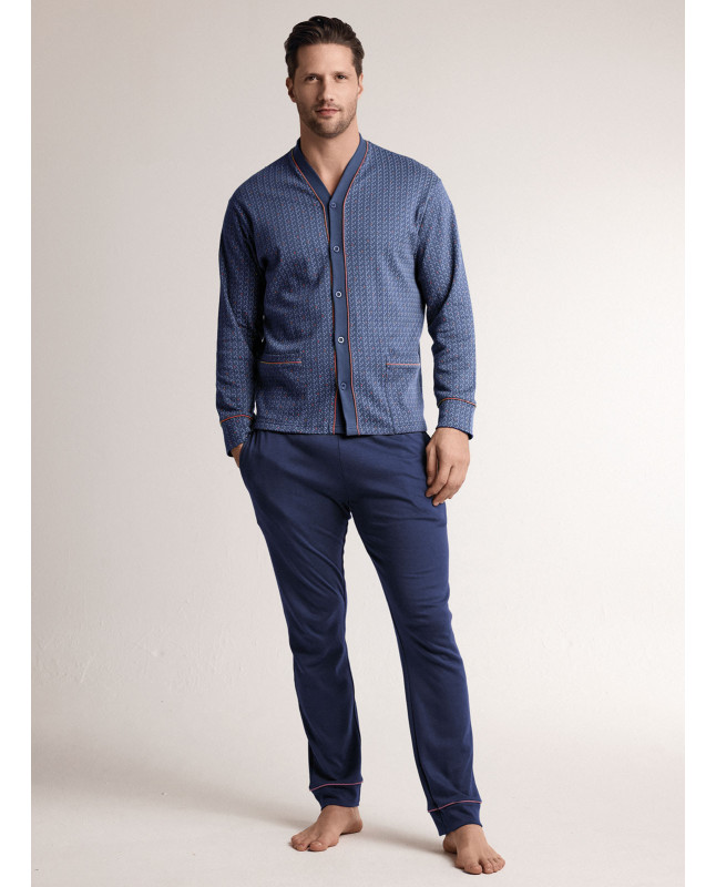 Pigiama in interlock di cotone con maglia aperta a maniche lunghe e pantalone lungo dritto