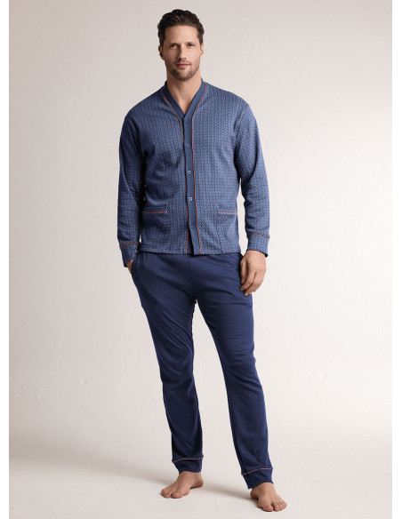 Pigiama in interlock di cotone con maglia aperta a maniche lunghe e pantalone lungo dritto