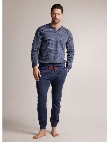 Pigiama in interlock di cotone con maglia serafino a maniche lunghe e pantalone lungo con polsi