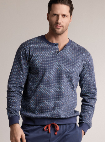 Pigiama in interlock di cotone con maglia serafino a maniche lunghe e pantalone lungo con polsi 2