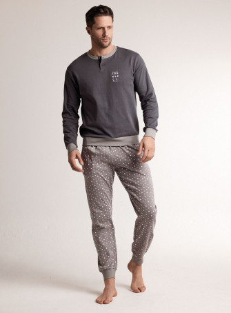 Pigiama in interlock di cotone con maglia serafino a maniche lunghe e pantalone lungo con polsi