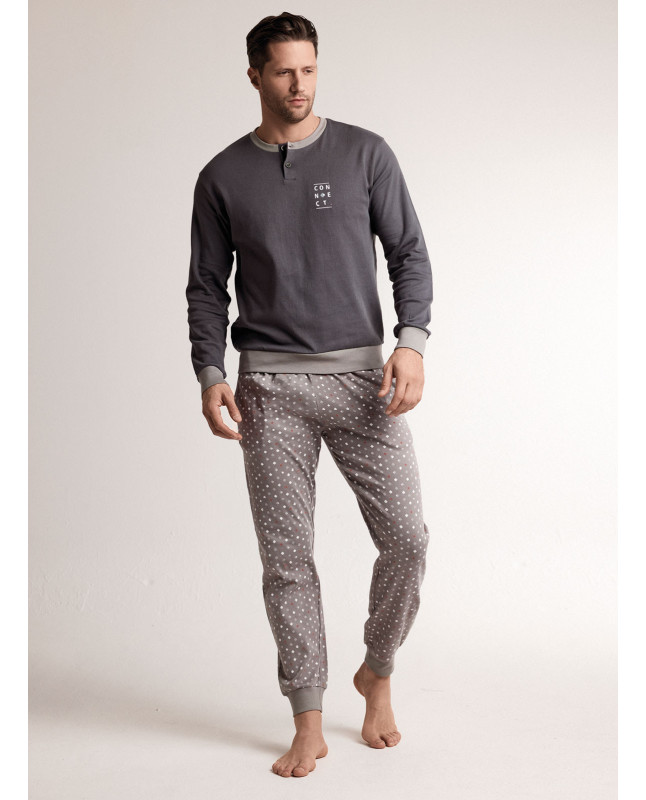 Pigiama in interlock di cotone con maglia serafino a maniche lunghe e pantalone lungo con polsi