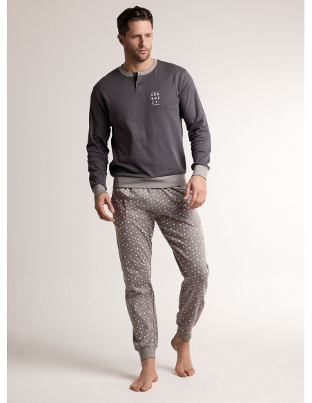 Pigiama in interlock di cotone con maglia serafino a maniche lunghe e pantalone lungo con polsi