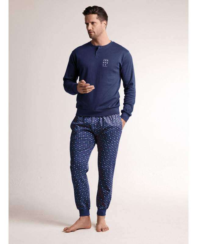 Pigiama in interlock di cotone con maglia serafino a maniche lunghe e pantalone lungo con polsi