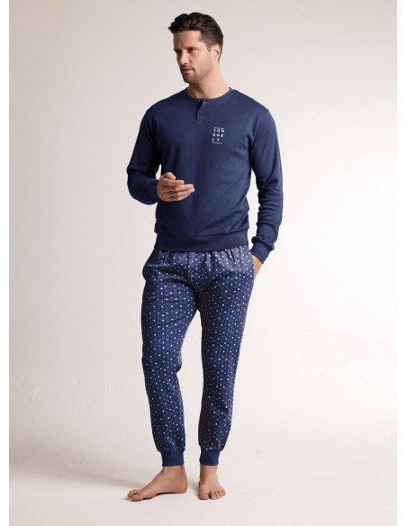 Pigiama in interlock di cotone con maglia serafino a maniche lunghe e pantalone lungo con polsi
