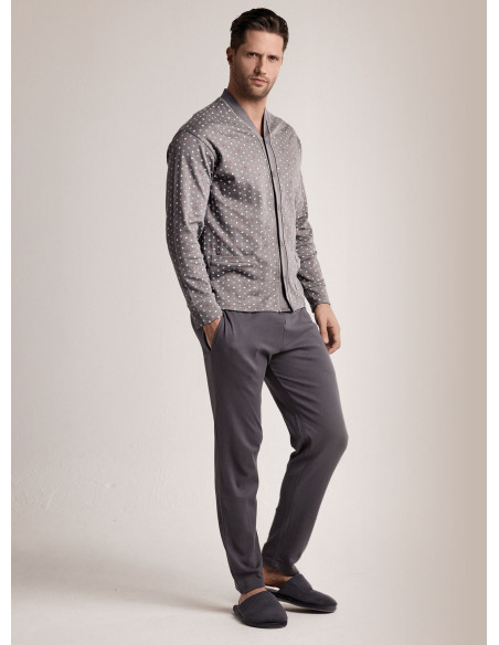 Pigiama in interlock di cotone con maglia aperta a maniche lunghe e pantalone lungo dritto