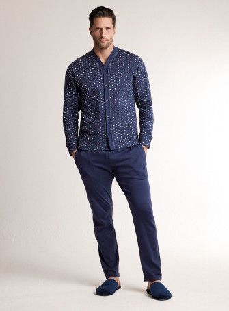 Pigiama in interlock di cotone con maglia aperta a maniche lunghe e pantalone lungo dritto