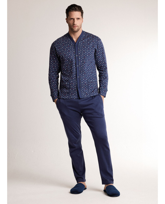 Pigiama in interlock di cotone con maglia aperta a maniche lunghe e pantalone lungo dritto