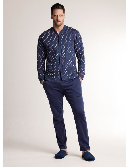 Pigiama in interlock di cotone con maglia aperta a maniche lunghe e pantalone lungo dritto