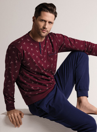 Pigiama in interlock di cotone con maglia serafino a maniche lunghe e pantalone lungo con polsi 2