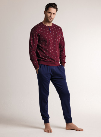 Pigiama in interlock di cotone con maglia serafino a maniche lunghe e pantalone lungo con polsi