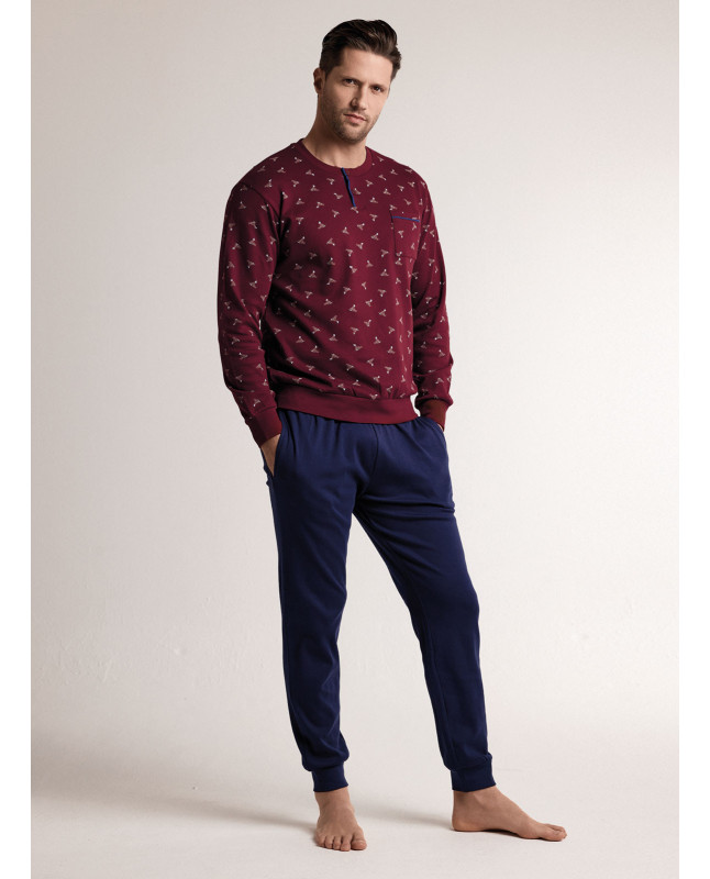 Pigiama in interlock di cotone con maglia serafino a maniche lunghe e pantalone lungo con polsi