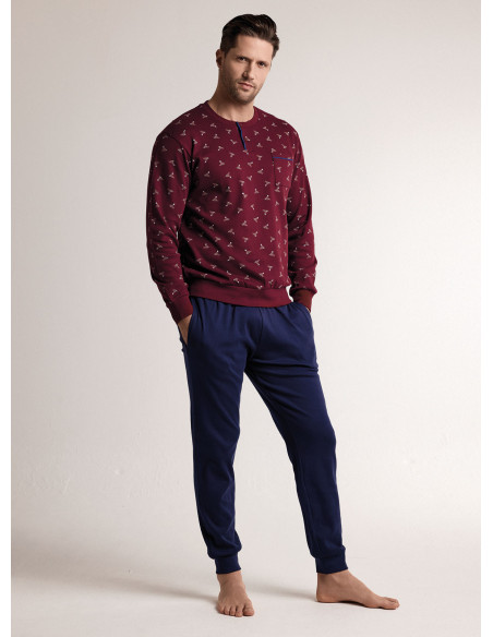Pigiama in interlock di cotone con maglia serafino a maniche lunghe e pantalone lungo con polsi