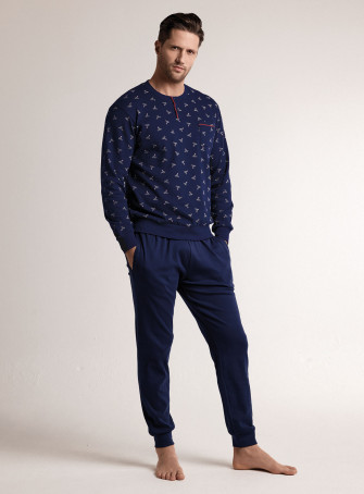 Pigiama in interlock di cotone con maglia serafino a maniche lunghe e pantalone lungo con polsi 2