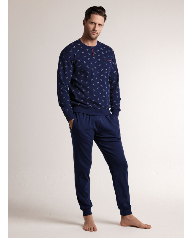 Pigiama in interlock di cotone con maglia serafino a maniche lunghe e pantalone lungo con polsi