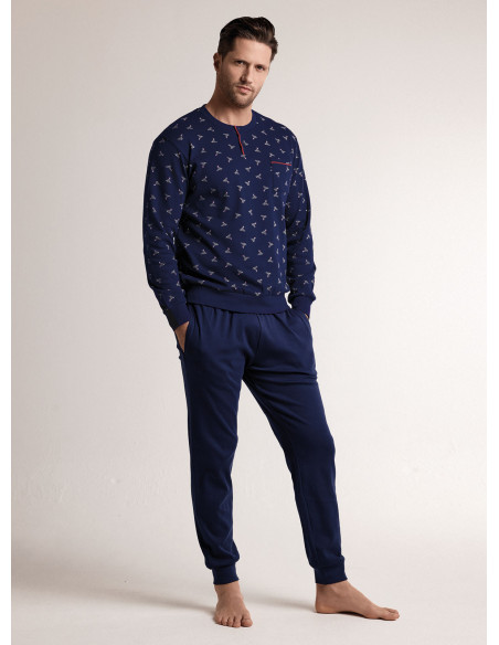 Pigiama in interlock di cotone con maglia serafino a maniche lunghe e pantalone lungo con polsi