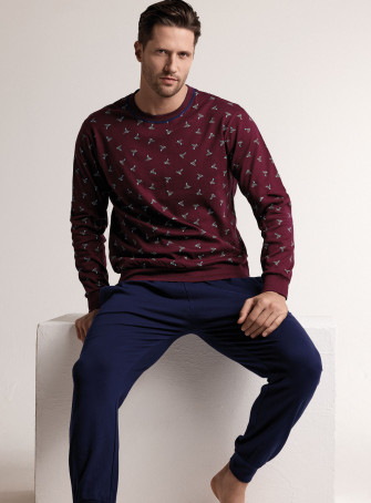 Pigiama in interlock di cotone con maglia girocollo a maniche lunghe e pantalone lungo con polsi