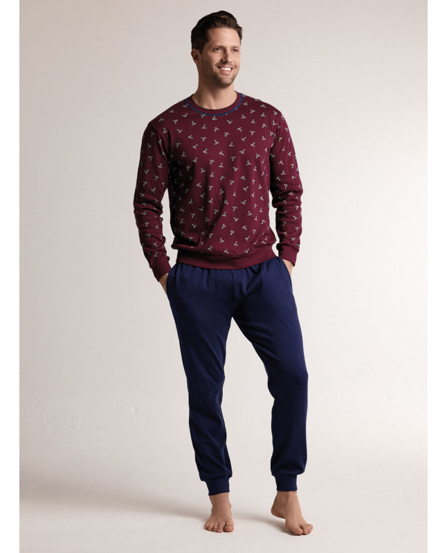 Pigiama in interlock di cotone con maglia girocollo a maniche lunghe e pantalone lungo con polsi