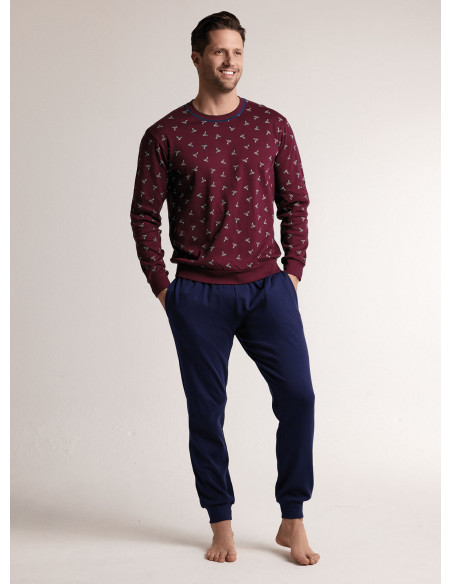 Pigiama in interlock di cotone con maglia girocollo a maniche lunghe e pantalone lungo con polsi