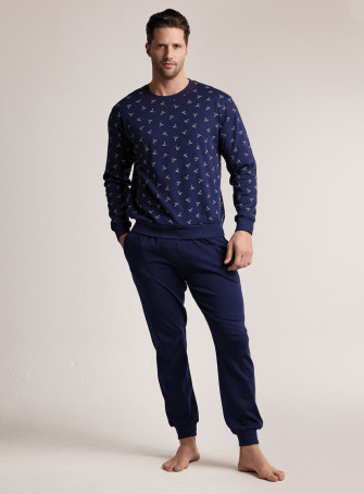 Pigiama in interlock di cotone con maglia girocollo a maniche lunghe e pantalone lungo con polsi 2