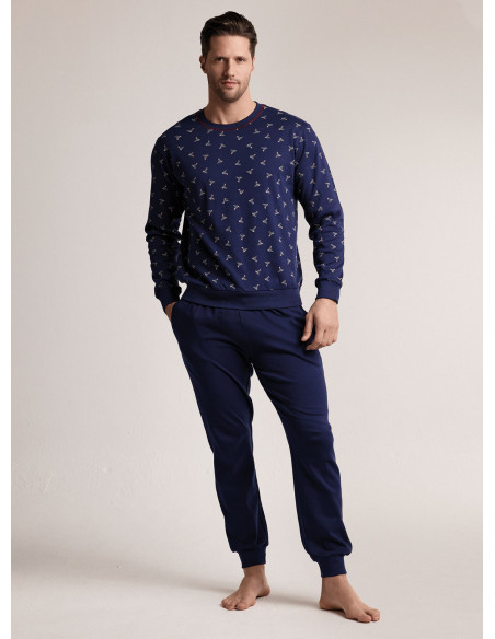 Pigiama in interlock di cotone con maglia girocollo a maniche lunghe e pantalone lungo con polsi