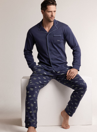 Pigiama in interlock di cotone con maglia aperta a maniche lunghe e pantalone lungo dritto
