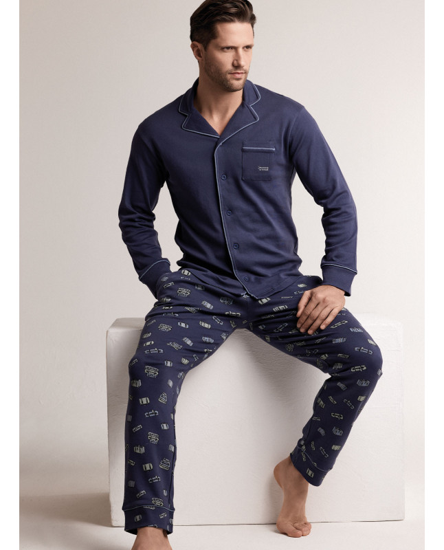 Pigiama in interlock di cotone con maglia aperta a maniche lunghe e pantalone lungo dritto