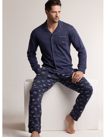 Pigiama in interlock di cotone con maglia aperta a maniche lunghe e pantalone lungo dritto