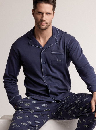 Pigiama in interlock di cotone con maglia aperta a maniche lunghe e pantalone lungo dritto 2