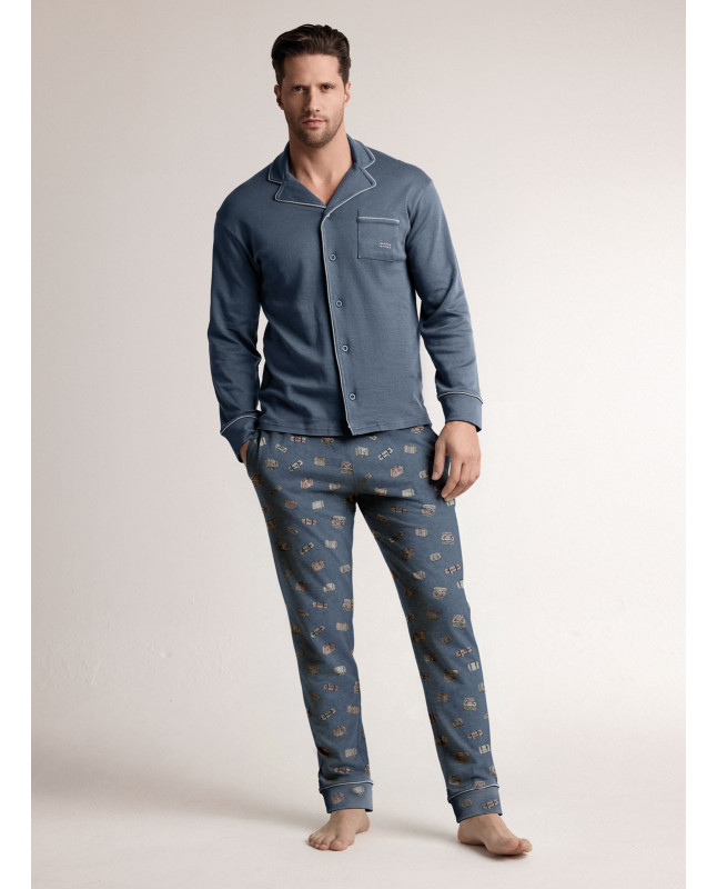 Pigiama in interlock di cotone con maglia aperta a maniche lunghe e pantalone lungo dritto