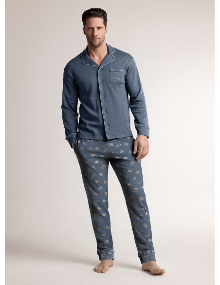 Pigiama in interlock di cotone con maglia aperta a maniche lunghe e pantalone lungo dritto
