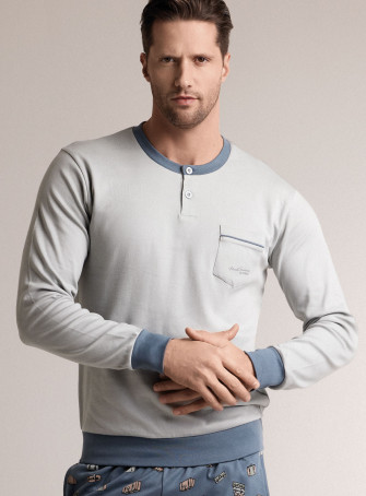 Pigiama in interlock di cotone con maglia serafino a maniche lunghe e pantalone lungo con polsi 2