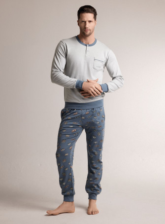 Pigiama in interlock di cotone con maglia serafino a maniche lunghe e pantalone lungo con polsi