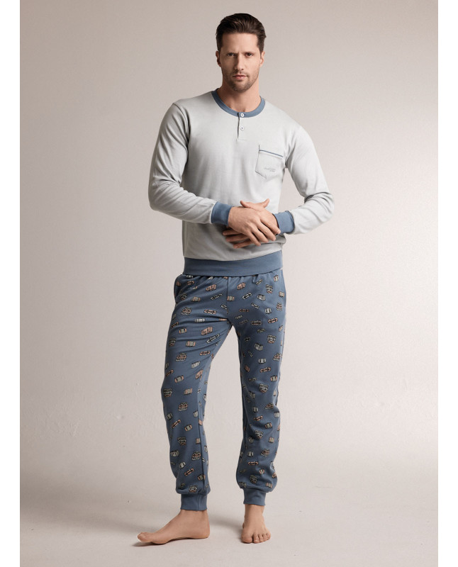 Pigiama in interlock di cotone con maglia serafino a maniche lunghe e pantalone lungo con polsi