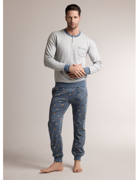 Pigiama in interlock di cotone con maglia serafino a maniche lunghe e pantalone lungo con polsi