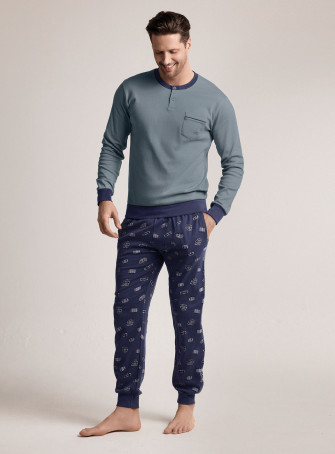 Pigiama in interlock di cotone con maglia serafino a maniche lunghe e pantalone lungo con polsi 2