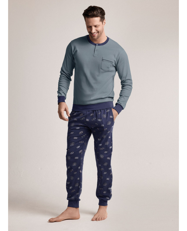 Pigiama in interlock di cotone con maglia serafino a maniche lunghe e pantalone lungo con polsi