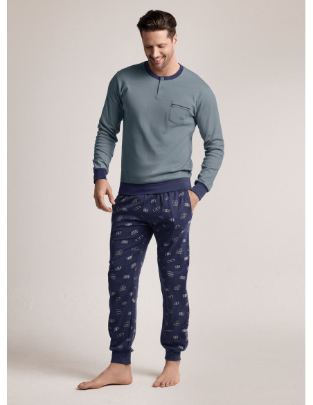 Pigiama in interlock di cotone con maglia serafino a maniche lunghe e pantalone lungo con polsi