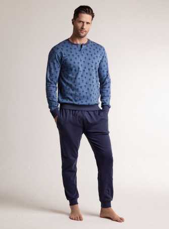Pigiama in interlock di cotone con maglia serafino a maniche lunghe e pantalone lungo con polsi