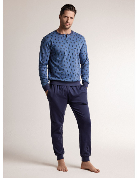 Pigiama in interlock di cotone con maglia serafino a maniche lunghe e pantalone lungo con polsi