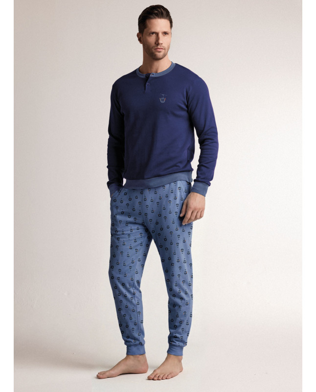 Pigiama in interlock di cotone con maglia serafino a maniche lunghe e pantalone lungo con polsi
