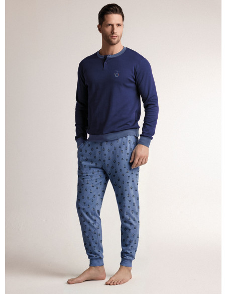 Pigiama in interlock di cotone con maglia serafino a maniche lunghe e pantalone lungo con polsi
