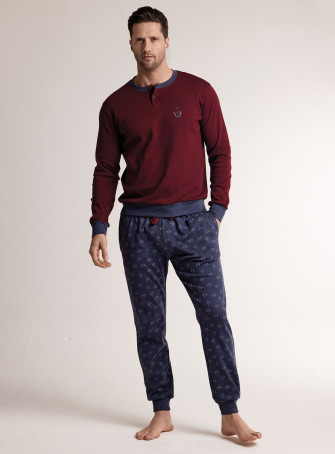 Pigiama in interlock di cotone con maglia serafino a maniche lunghe e pantalone lungo con polsi