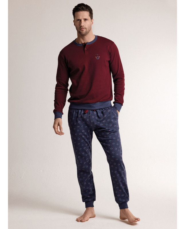 Pigiama in interlock di cotone con maglia serafino a maniche lunghe e pantalone lungo con polsi