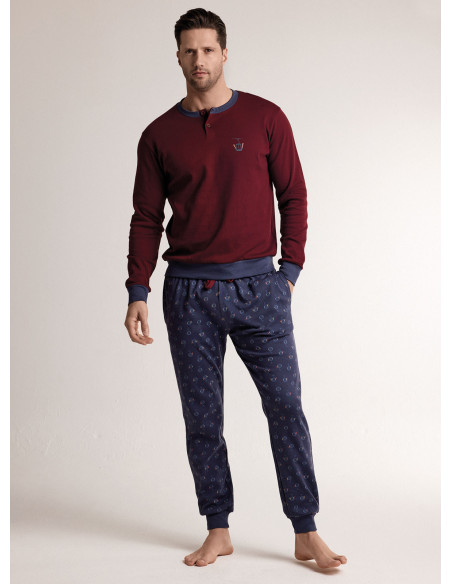 Pigiama in interlock di cotone con maglia serafino a maniche lunghe e pantalone lungo con polsi